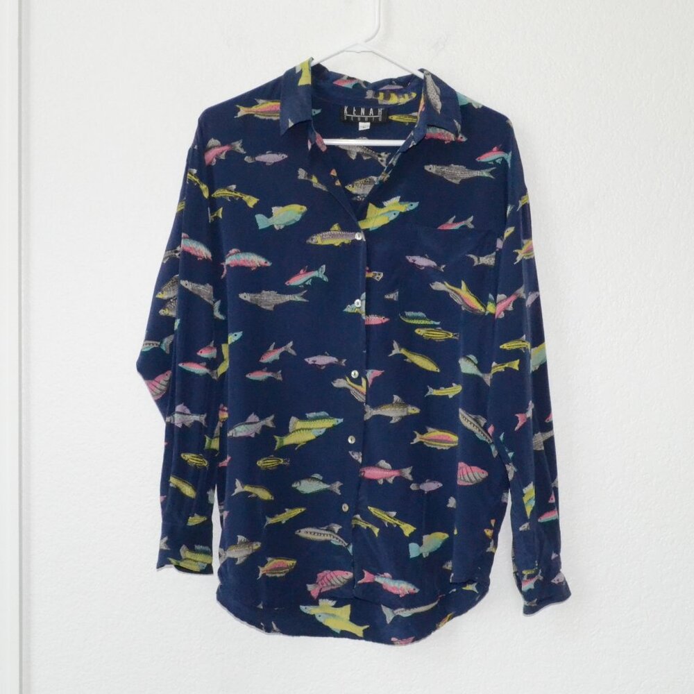 Vintage Kenar Studio 100% Silk Fish Button Down Shirt Large